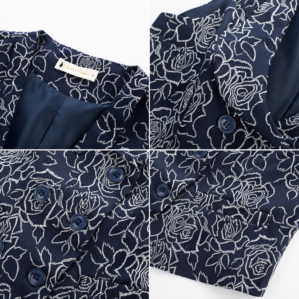 belle poque Vintage Floral Printed Double Breasted Vest Deep V-Neck Handkerchief Hem Vest Coat