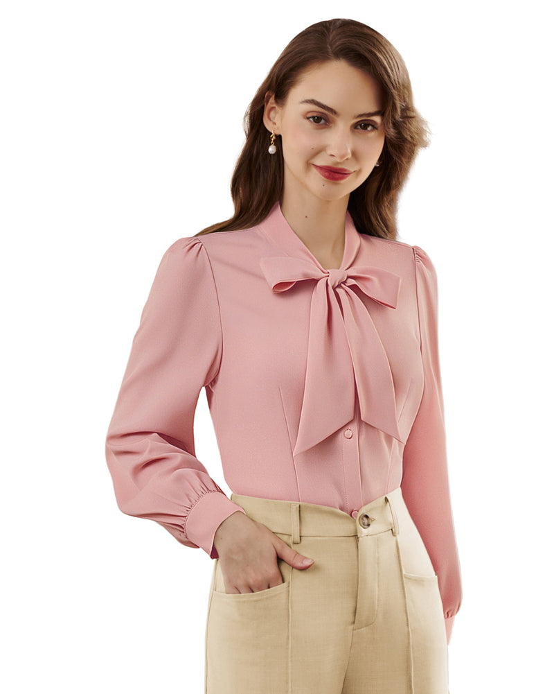 belle poque Women's Bow Tie Neck Blouse Button Down Shirt for Work Office Casual