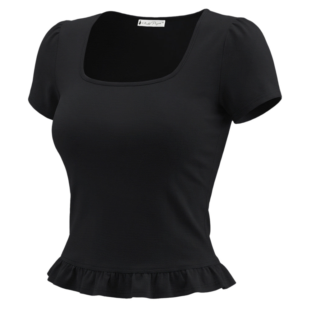 belle poque 2026 Spring Summer Ruffles Cute Tops for Women Short Sleeve Crop Tops Black