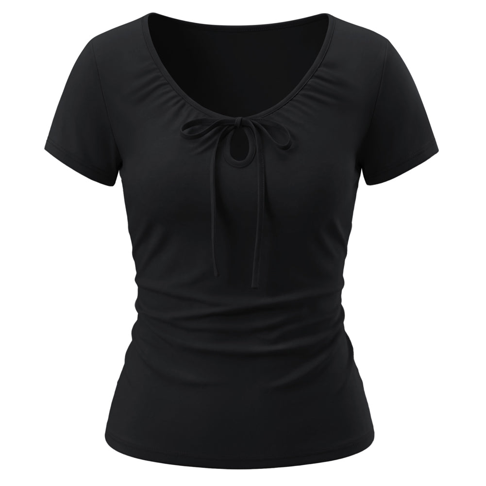 belle poque 2026 Women's Tops Pleated Bow Tie Front Shirts Spring Summer Casual Knit Top Black