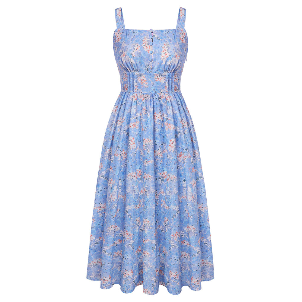 belle poque 2026 Vacation Floral Dress for Women Sundress Midi Flowy Beach Dresses Blue