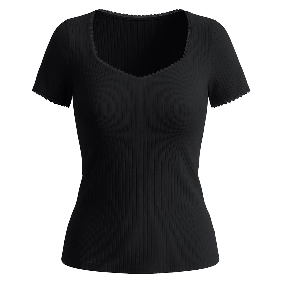 belle poque Women's Lace Trim Tops Slim Fit Ribbed Knit Basic Tee Tops Black