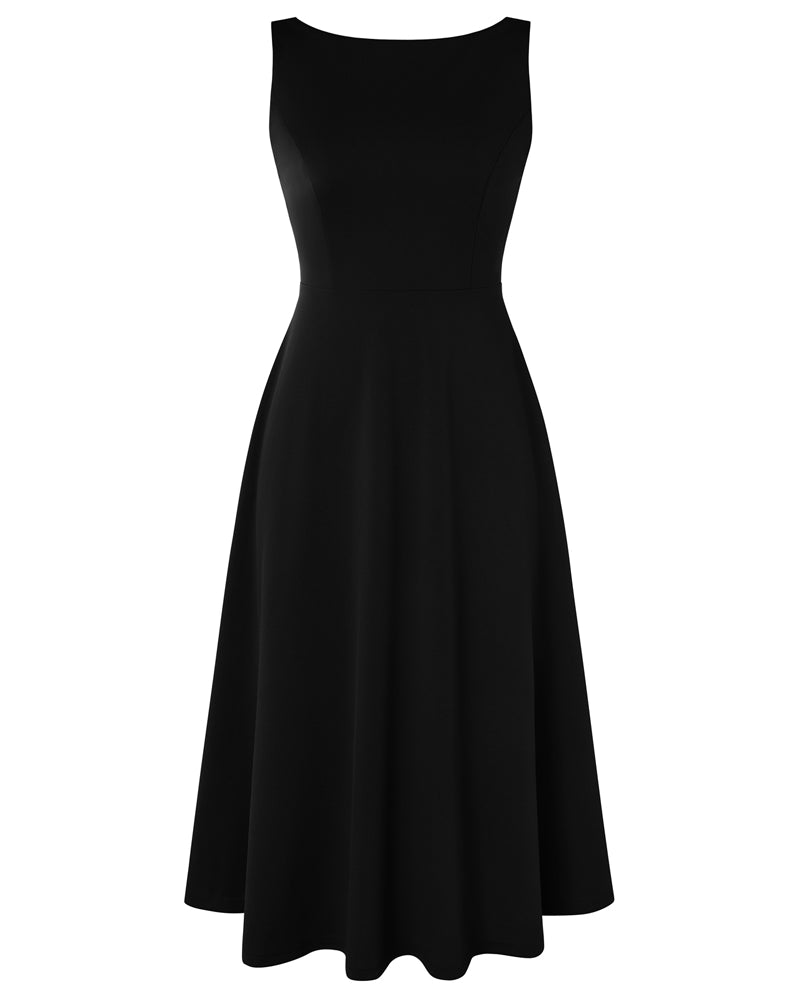 belle poque 1980s Vintage Women's Cocktail Dress Elegant A Line Midi Dresses with Pockets Black