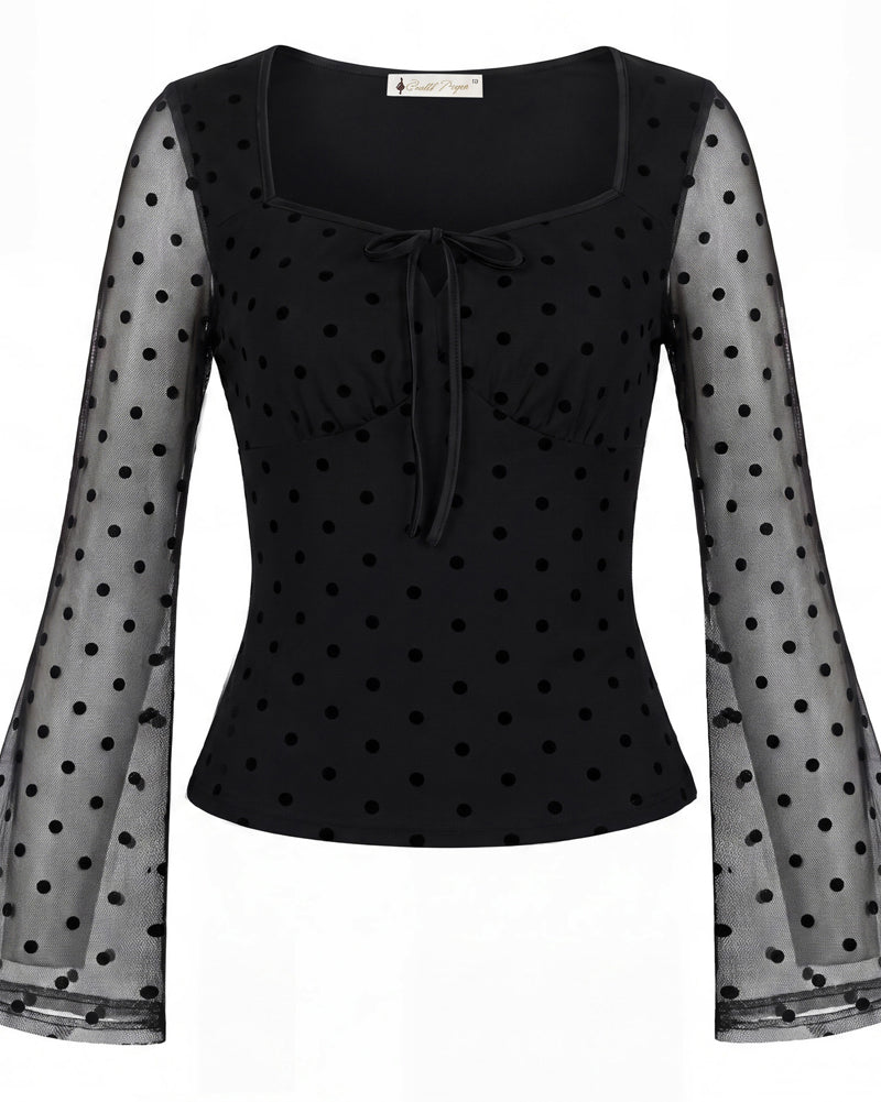 belle poque Women Vintage Date Tops Long Sleeve Mesh Lace Tops Black 2