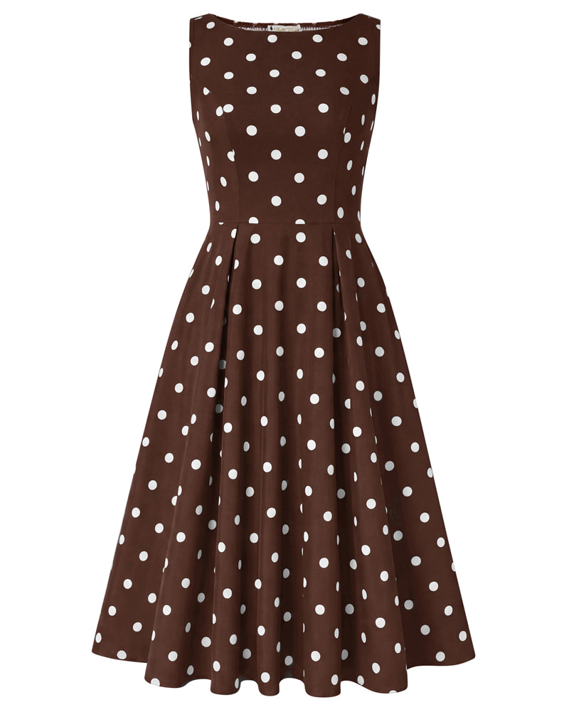 belle poque 1950s Vintage Polka Dot Dress for Women Boat Neck Midi A Line Cocktail Party Dresses Brown