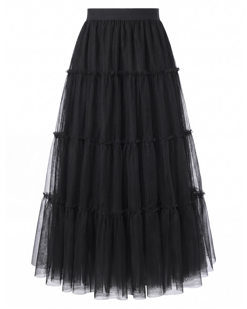 belle poque 1960s Vintage Tulle Skirts for Women A-line Flowy Ruffle Skirt for Date Party Black