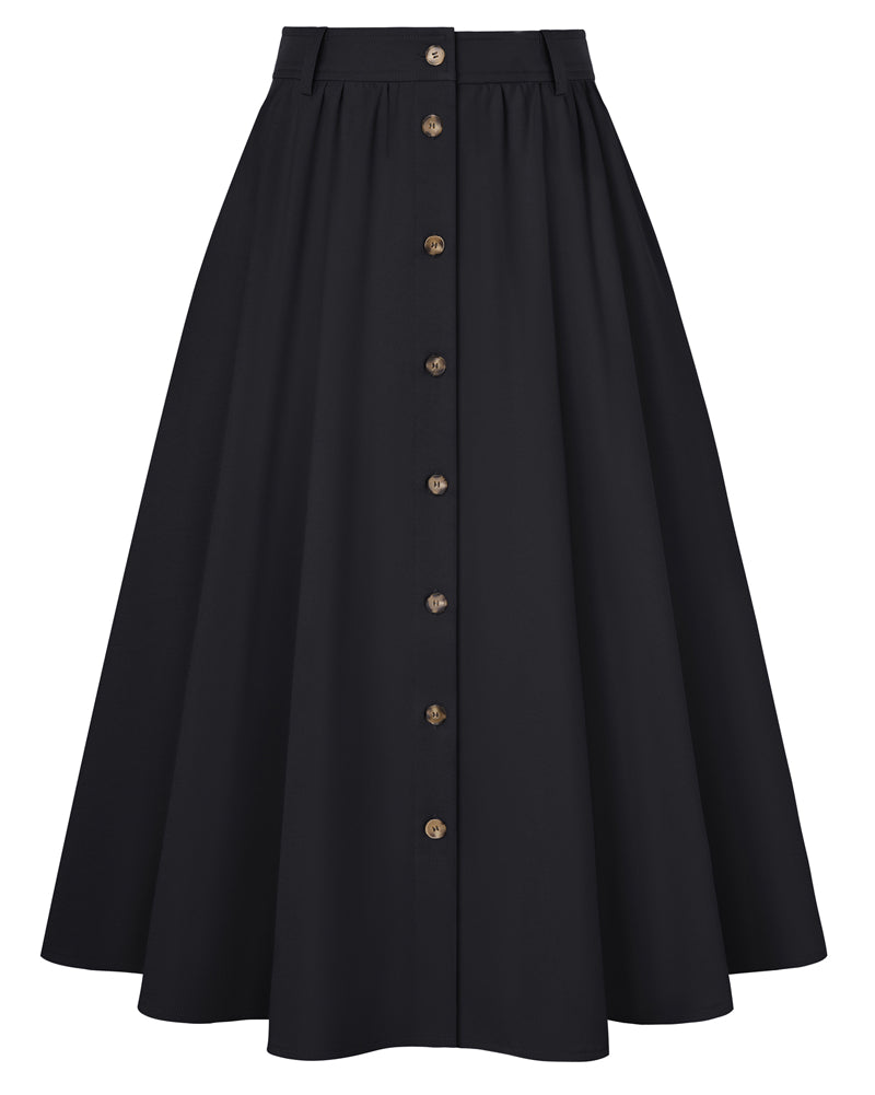 belle poque 1950s Women's Midi Skirt with Pockets Vintage Buttoned Front A-Line Skirt Black
