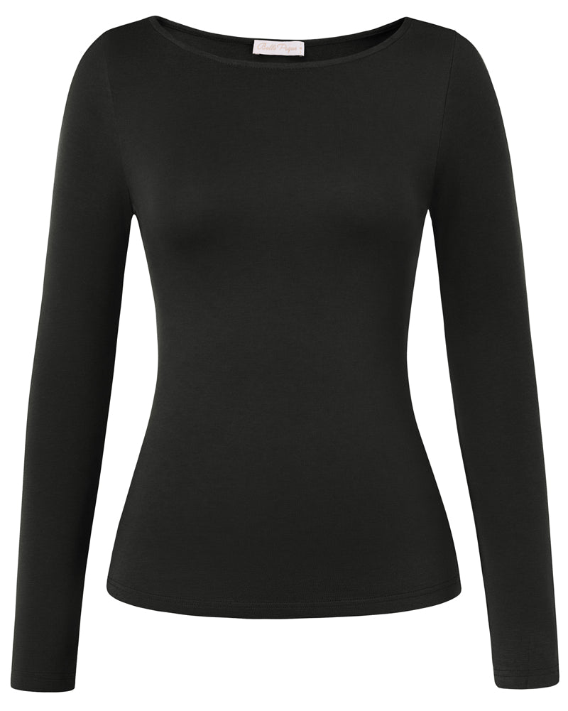 belle poque Women's Wool Long Sleeve Boat Neck Tops Fitted Basic Tees Wool Base Layer Women Black