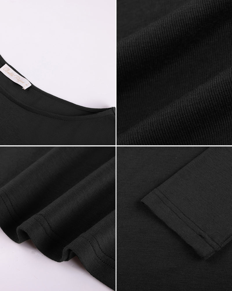 belle poque Women's Wool Long Sleeve Boat Neck Tops Fitted Basic Tees Wool Base Layer Women