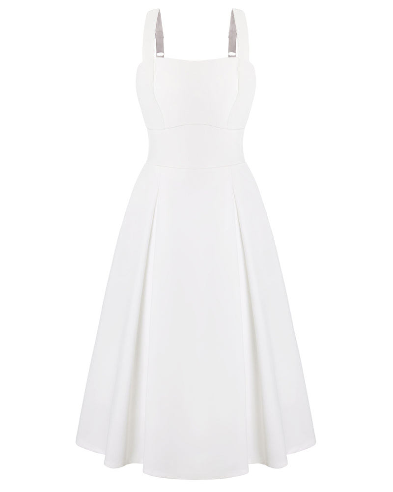 belle poque 1980s Vintage Womens Midi Dress Square Neck Wedding Guest Dresses White