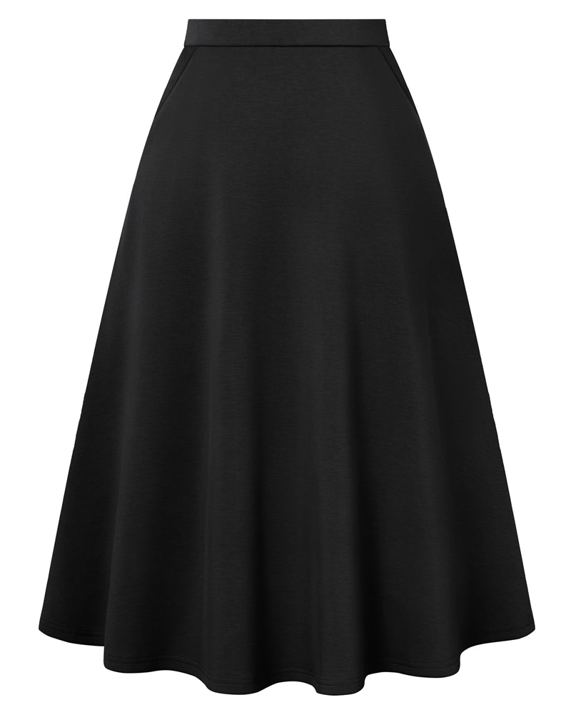belle poque 1980s Vintage A-Line Midi Skirt Work Business Skirts with Pockets Black