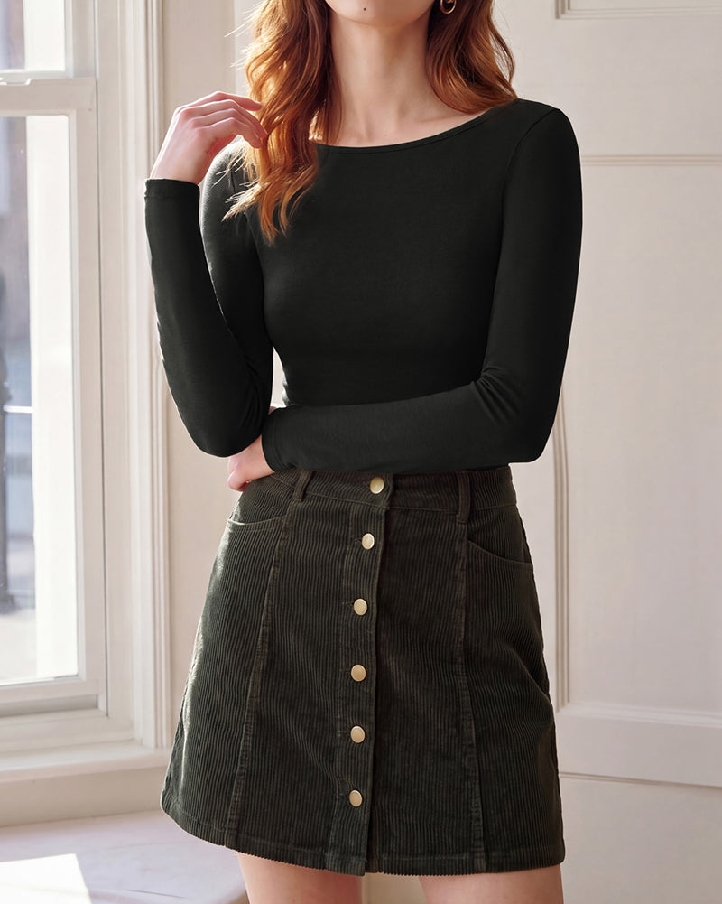 belle poque Women's Wool Long Sleeve Boat Neck Tops Fitted Basic Tees Wool Base Layer Women