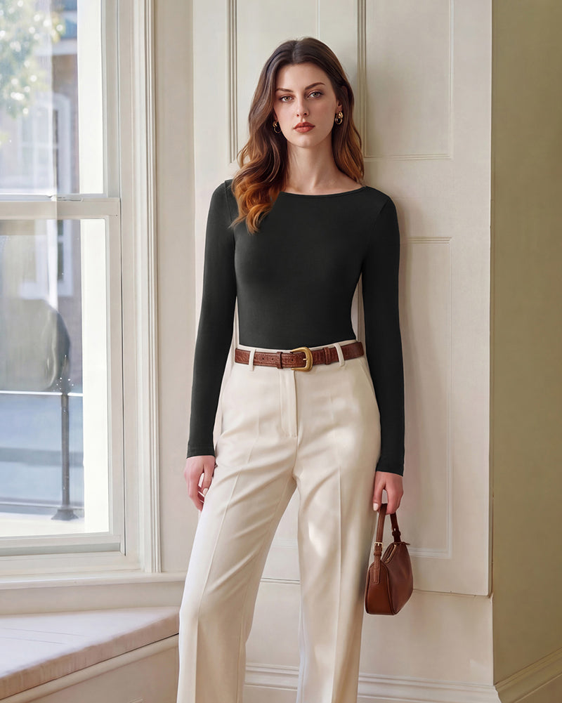 belle poque Women's Wool Long Sleeve Boat Neck Tops Fitted Basic Tees Wool Base Layer Women