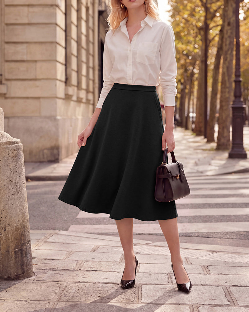 belle poque 1980s Vintage A-Line Midi Skirt Work Business Skirts with Pockets