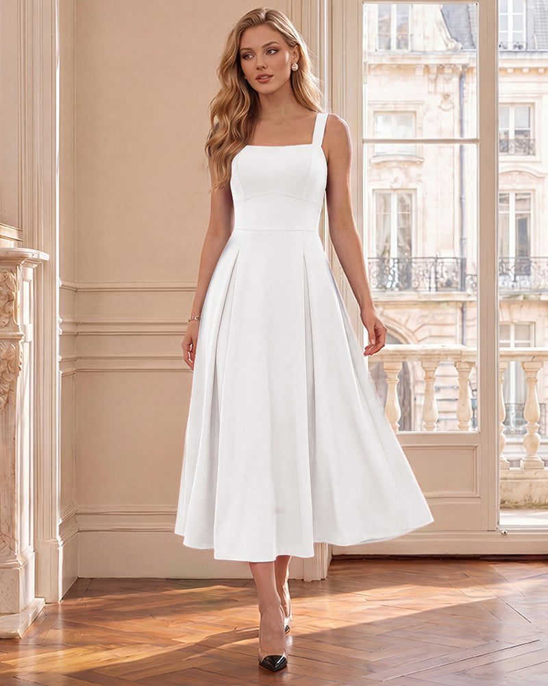 belle poque 1980s Vintage Womens Midi Dress Square Neck Wedding Guest Dresses