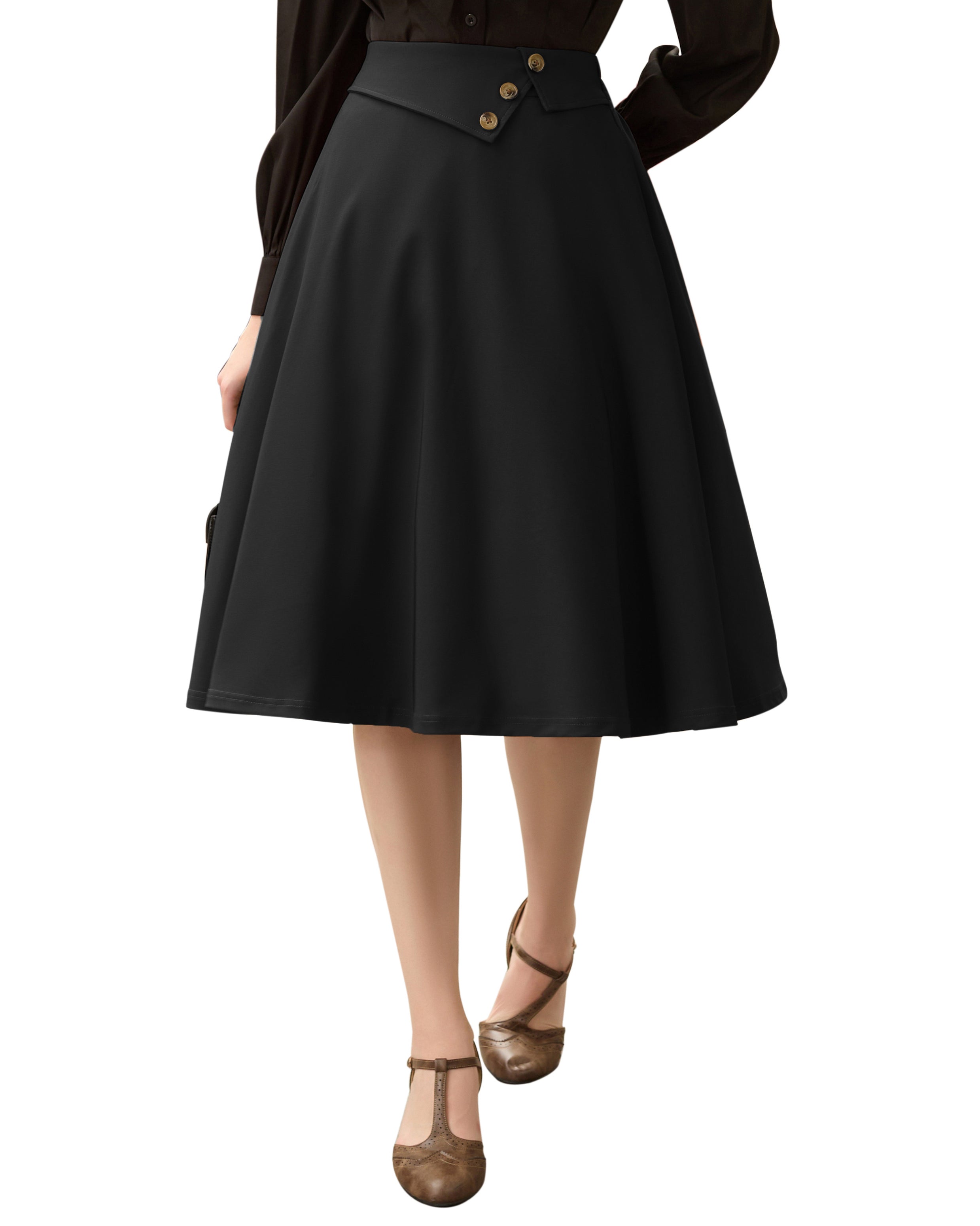belle poque Vintage A-Line Skirt High Waisted Midi Skirt with Pockets & Buttons