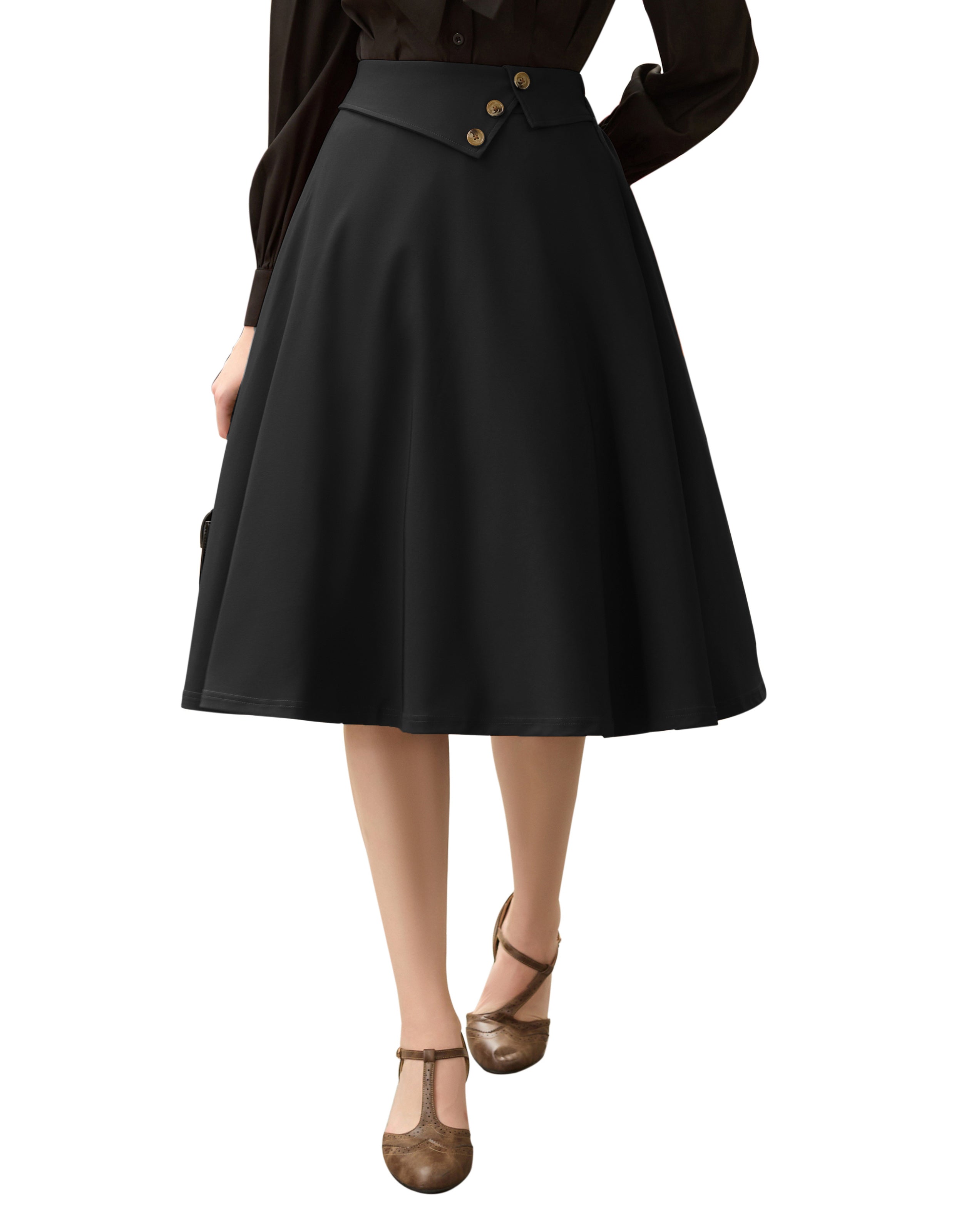 belle poque Vintage A-Line Skirt High Waisted Midi Skirt with Pockets & Buttons