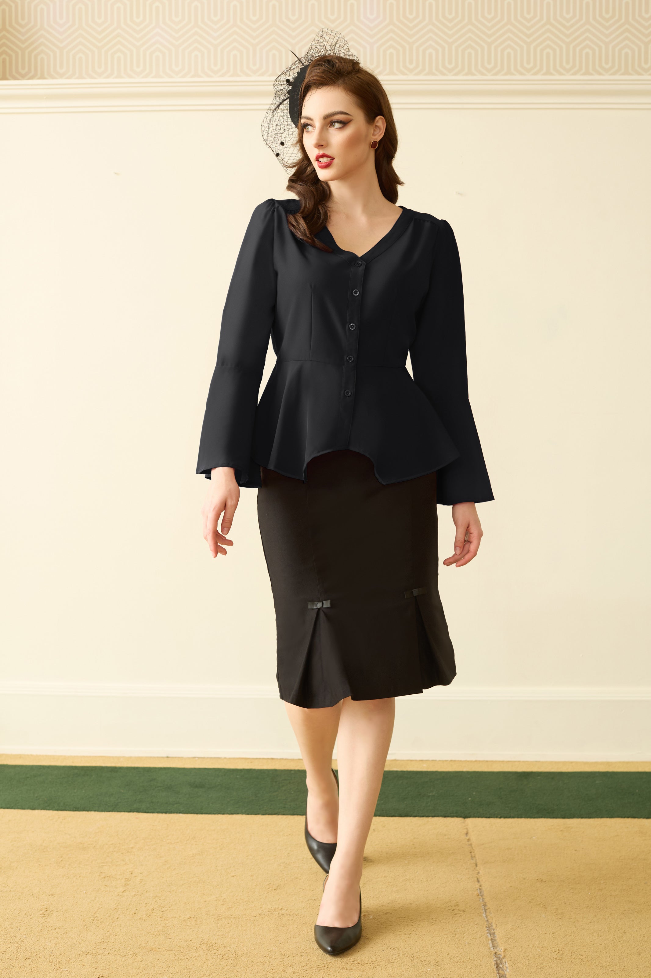 belle poque Seckill Offer⌛Vintage Peplum Button Down Blouse Long Bell Sleeve V Neck Shirts Dressy Formal Tops