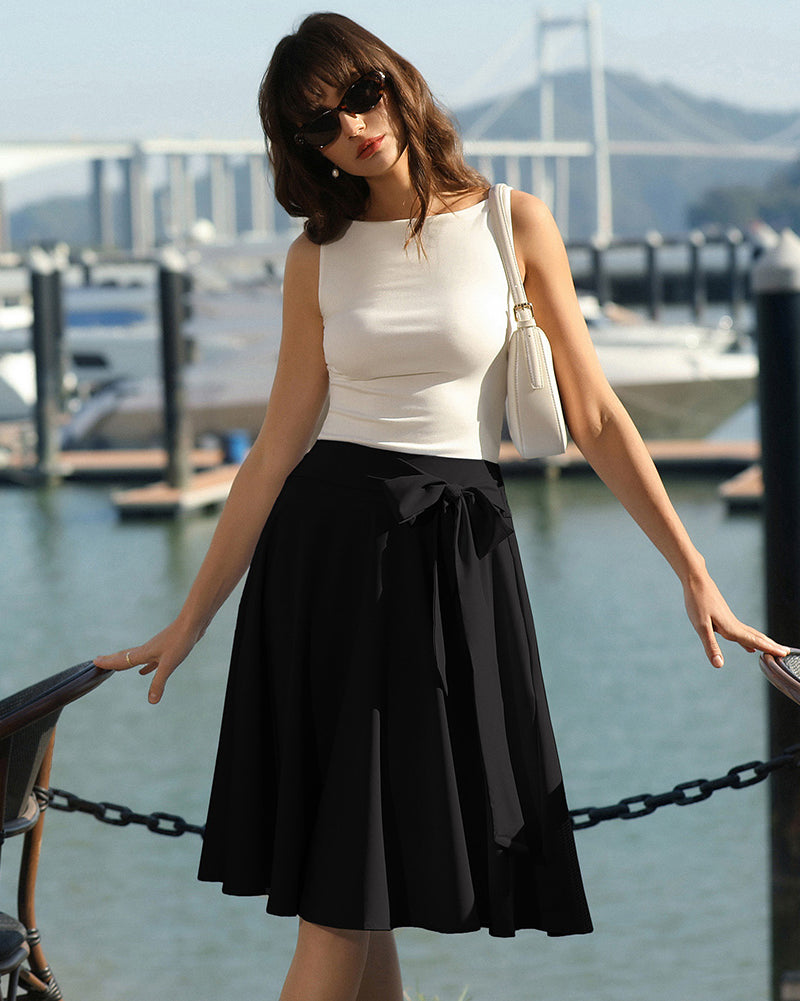 belle poque Women's High Waist A-Line Pockets Skirt Skater Flared Midi Skirt