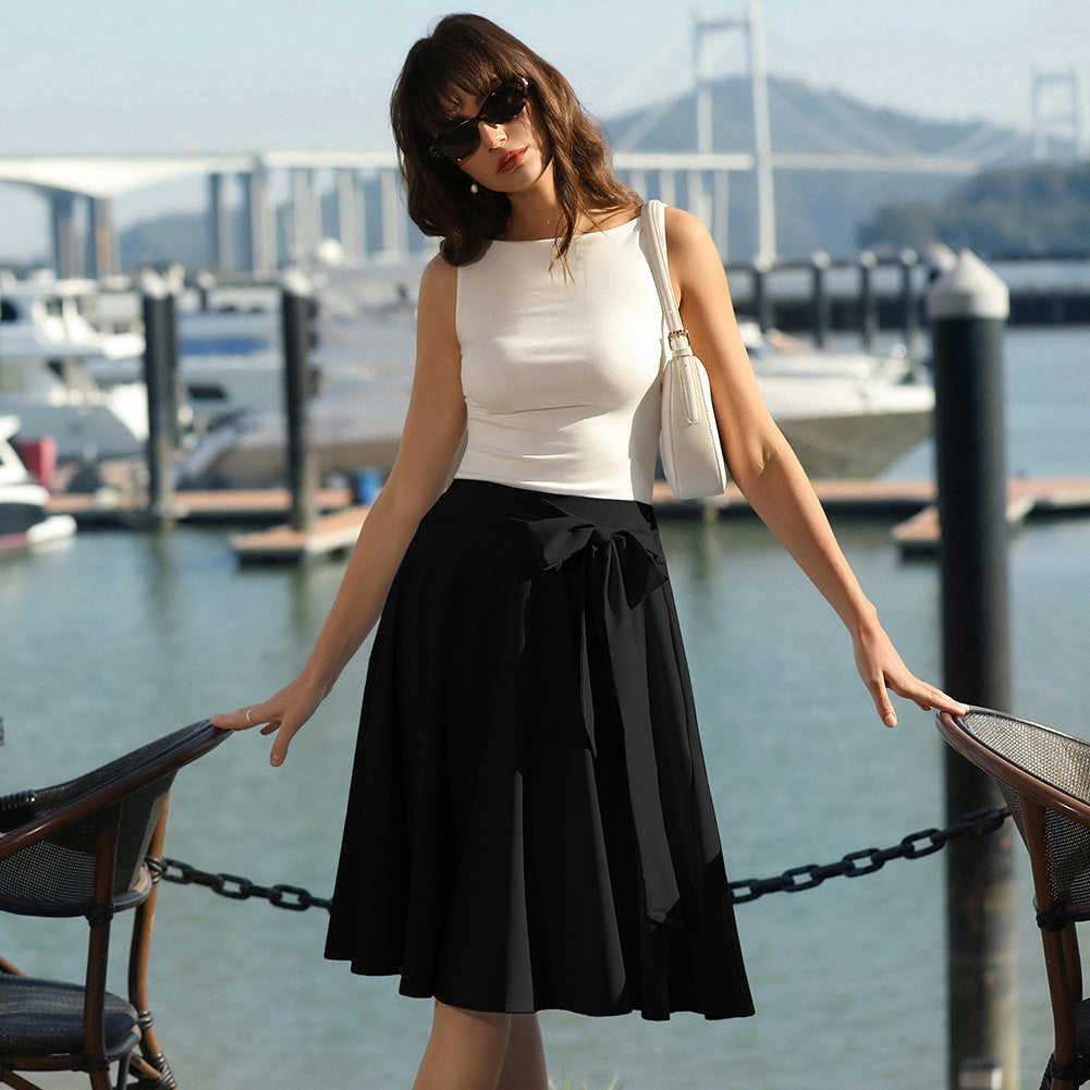 belle poque Women's High Waist A-Line Pockets Skirt Skater Flared Midi Skirt