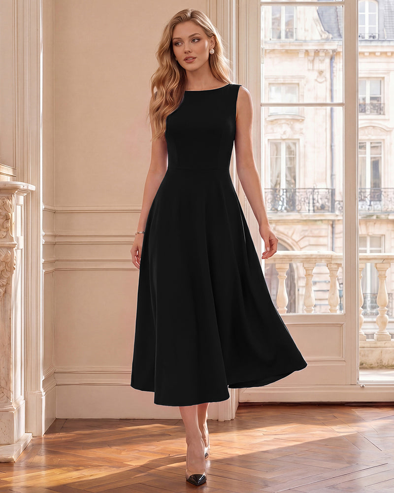 belle poque 1980s Vintage Women's Cocktail Dress Elegant A Line Midi Dresses with Pockets