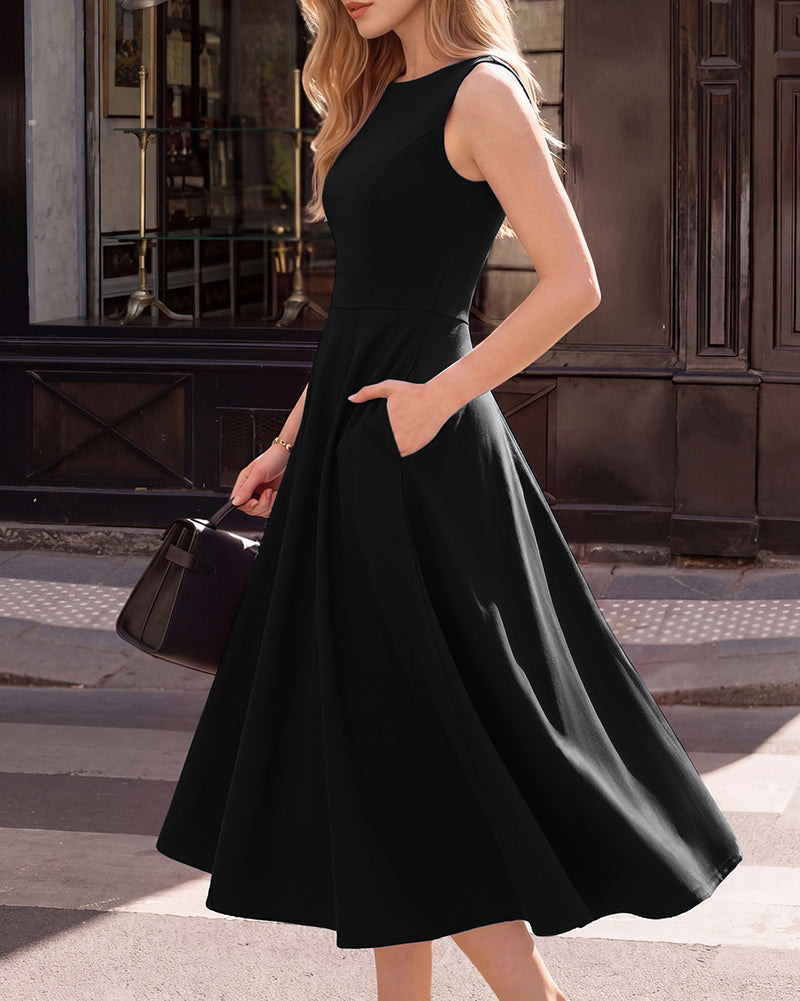 belle poque 1980s Vintage Women's Cocktail Dress Elegant A Line Midi Dresses with Pockets