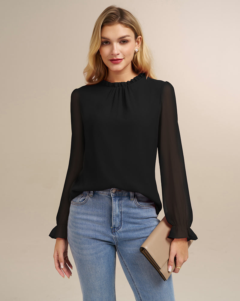 belle poque Belle Poque Women Vintage Chiffon Tops Long Sleeve Keyhole Back Pullover Tops