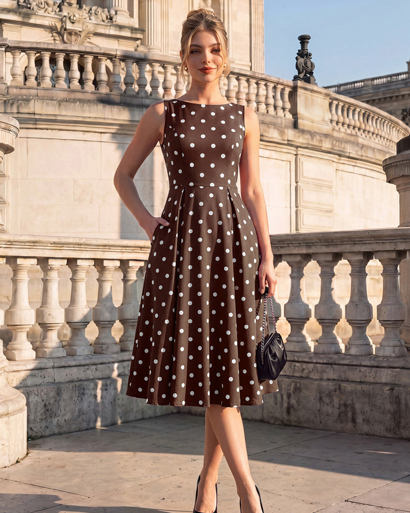 belle poque 1950s Vintage Polka Dot Dress for Women Boat Neck Midi A Line Cocktail Party Dresses