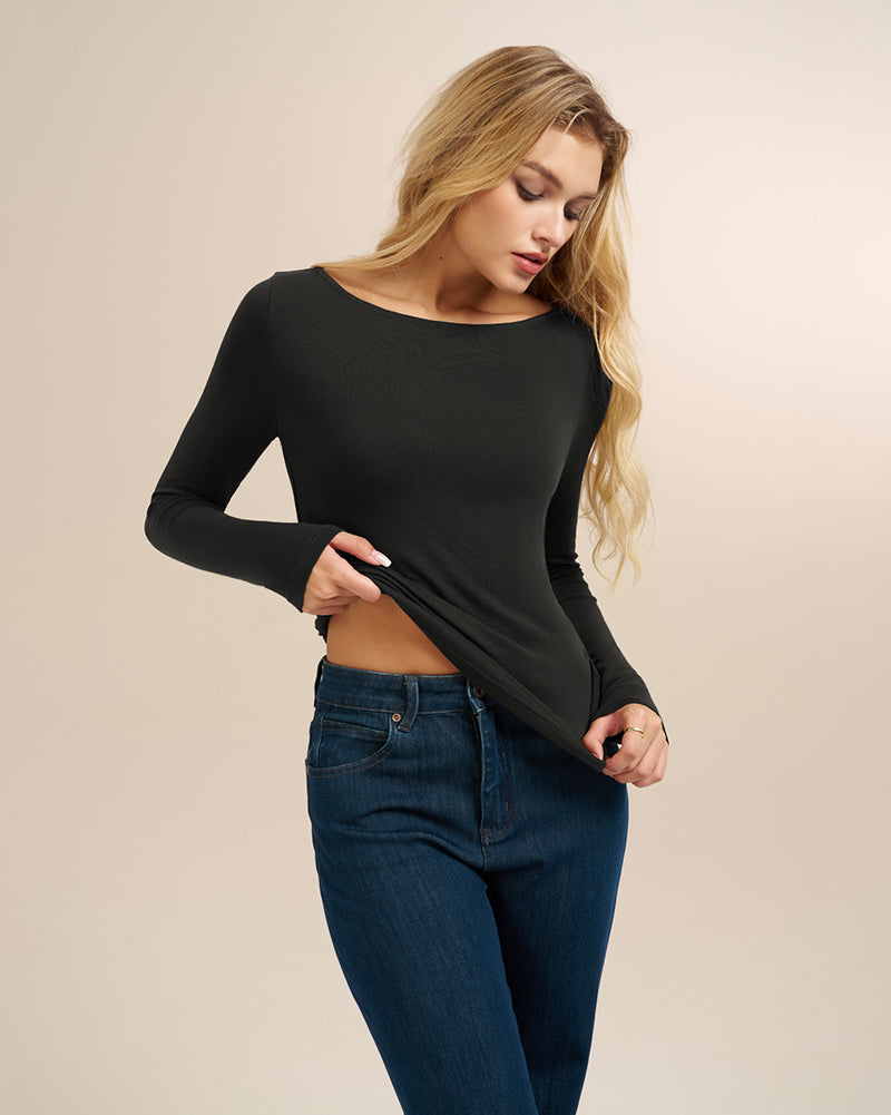 belle poque Women's Wool Long Sleeve Boat Neck Tops Fitted Basic Tees Wool Base Layer Women