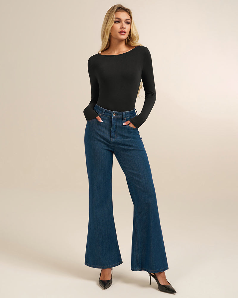 belle poque Women's Wool Long Sleeve Boat Neck Tops Fitted Basic Tees Wool Base Layer Women