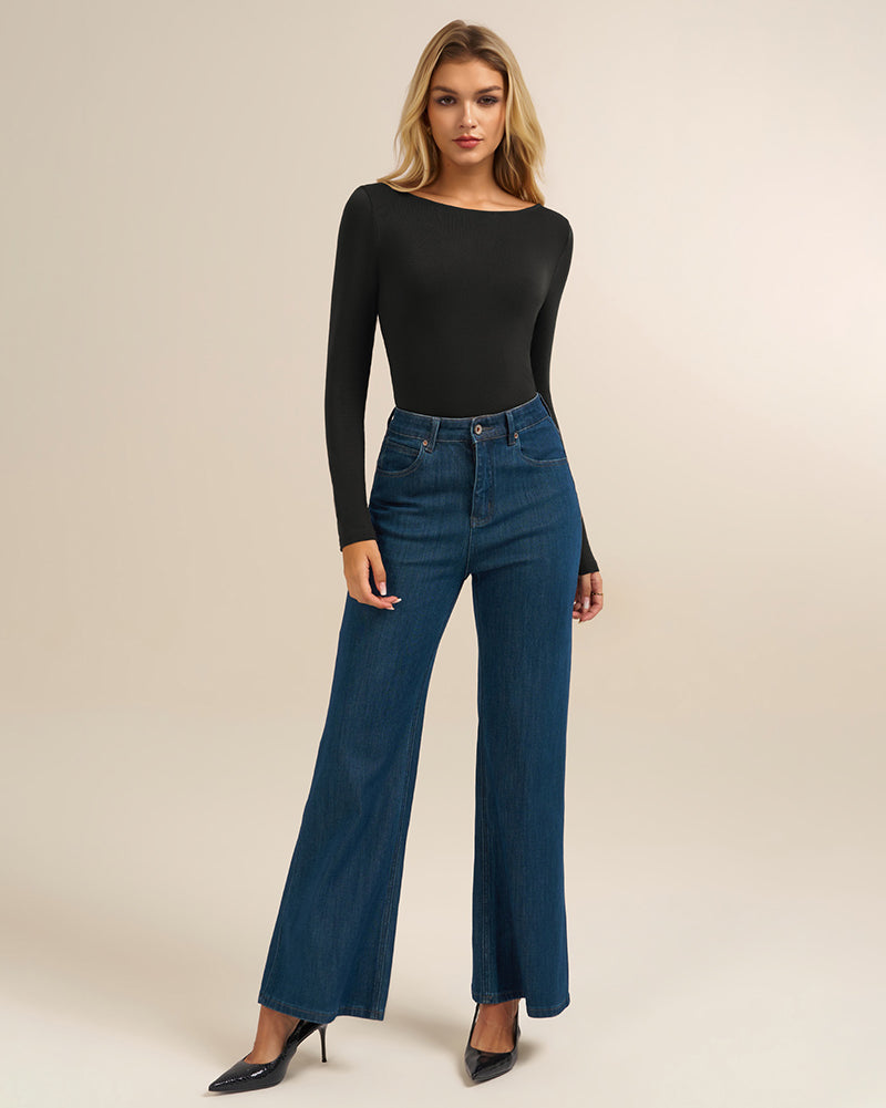 belle poque Women's Wool Long Sleeve Boat Neck Tops Fitted Basic Tees Wool Base Layer Women