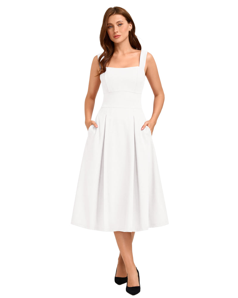 belle poque 1980s Vintage Womens Midi Dress Square Neck Wedding Guest Dresses