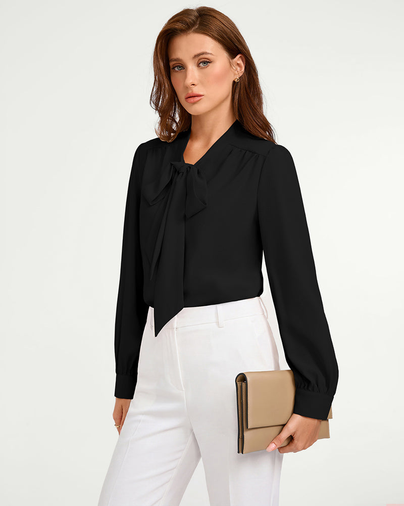 belle poque Women Vintage Long Sleeve Bow-Knot Decorated Button-up Tops