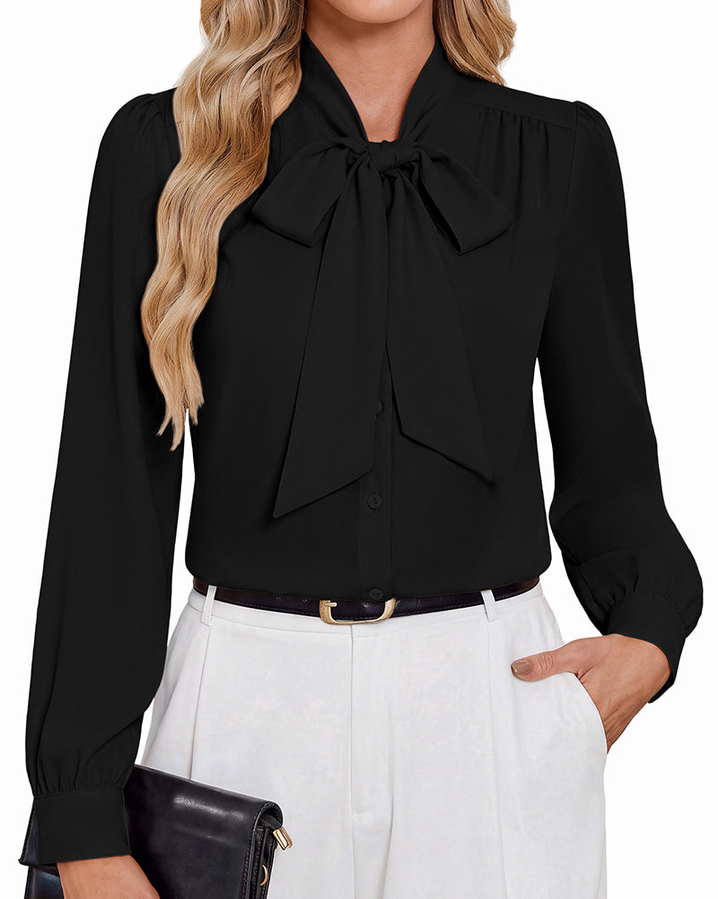 belle poque Women Vintage Long Sleeve Bow-Knot Decorated Button-up Tops Black