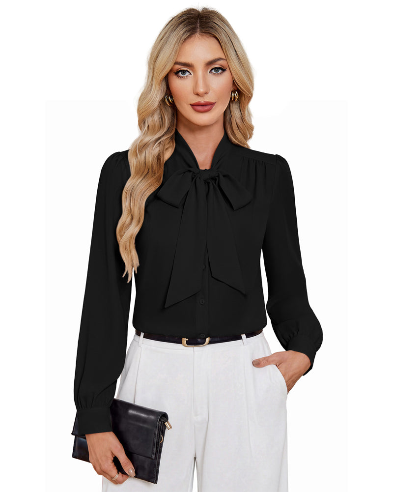 belle poque Women Vintage Long Sleeve Bow-Knot Decorated Button-up Tops