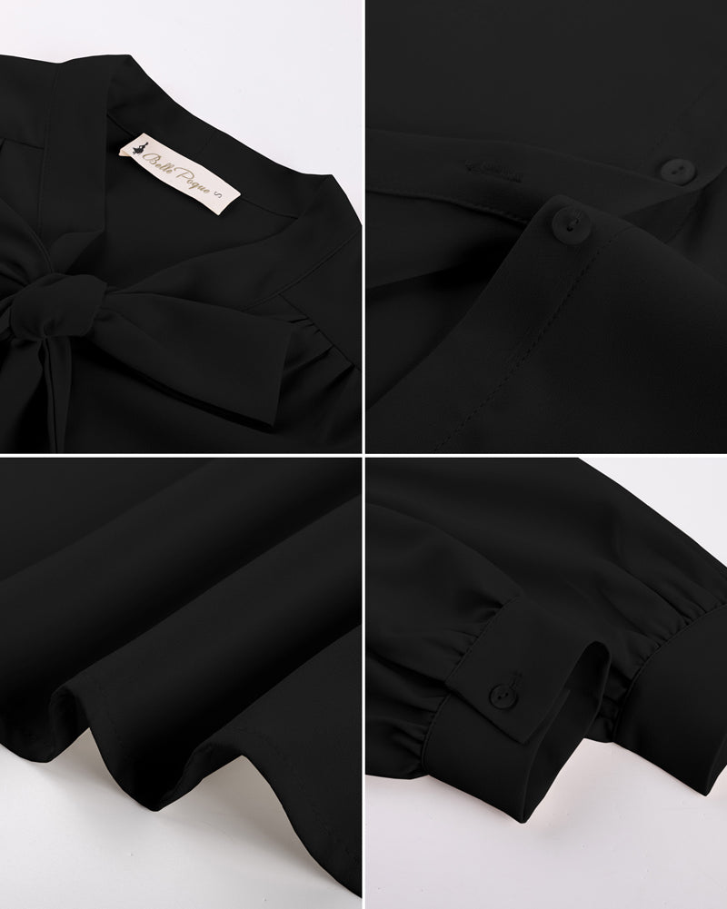 belle poque Women Vintage Long Sleeve Bow-Knot Decorated Button-up Tops