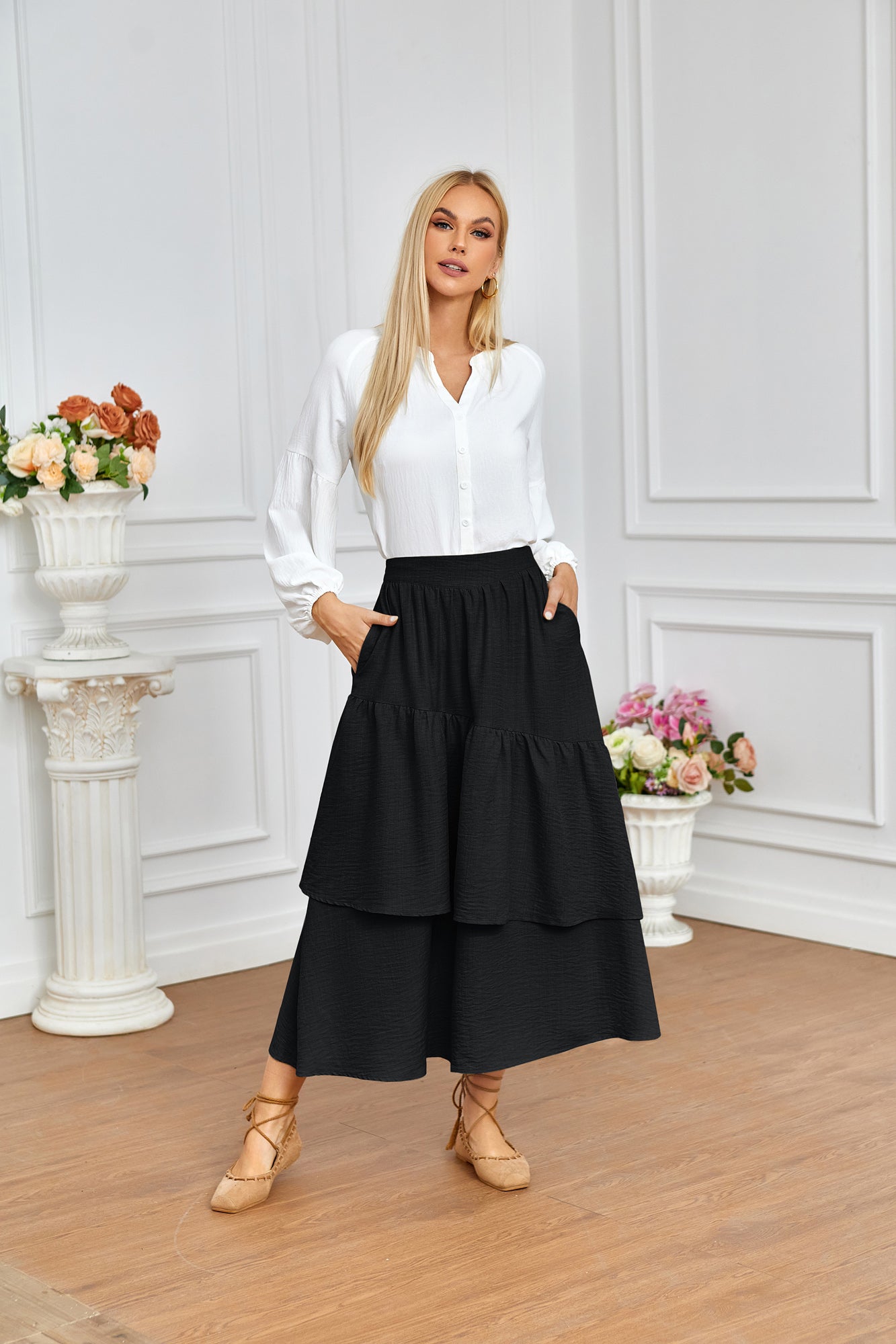 belle poque Vintage Vocation Skirts for Women Tiered Long Skirts Ruffle Skirt with Pockets