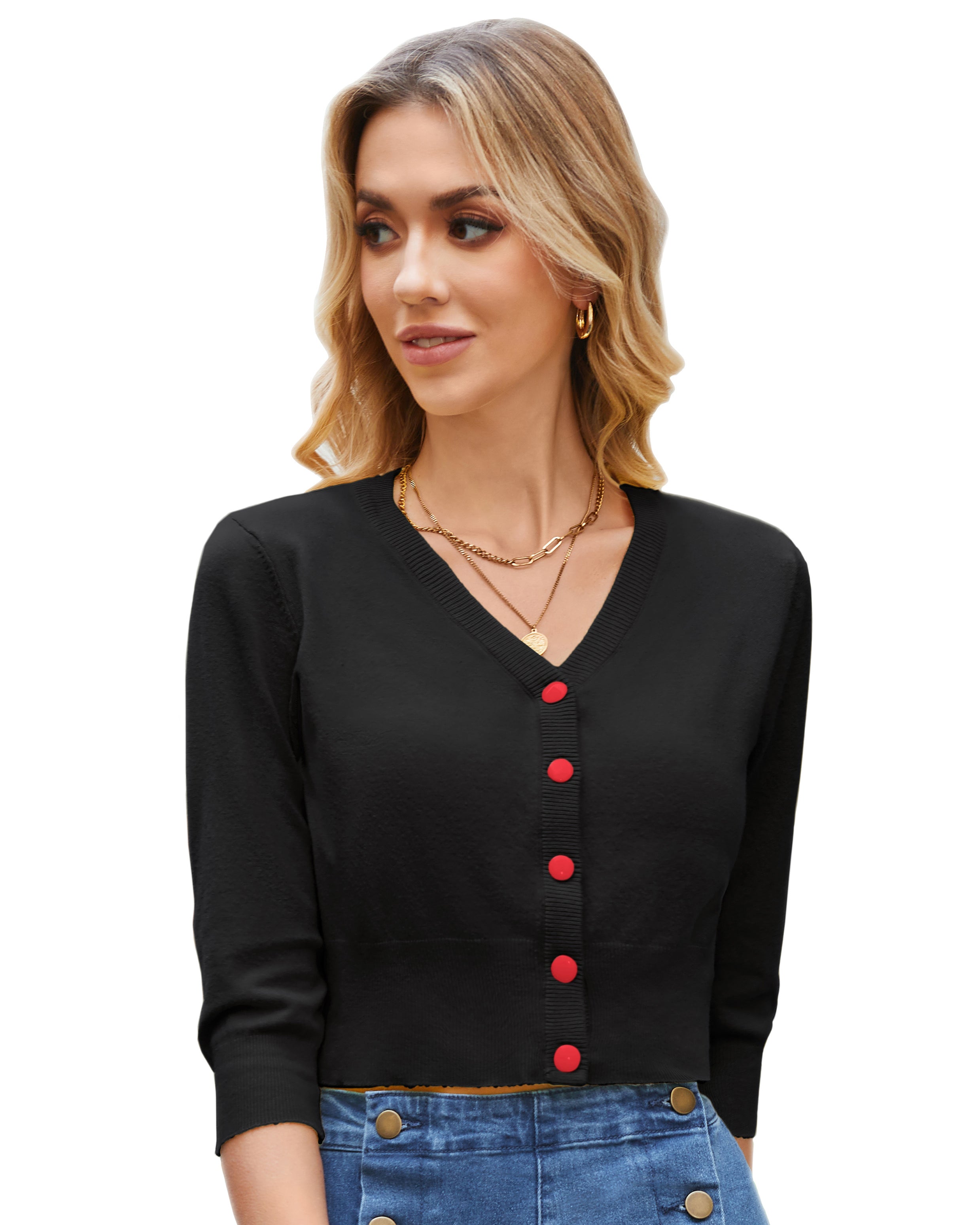 belle poque 3/4 Sleeve V-Neck Button Down Cherries Embroidery Cropped Cardigan Sweater Coat