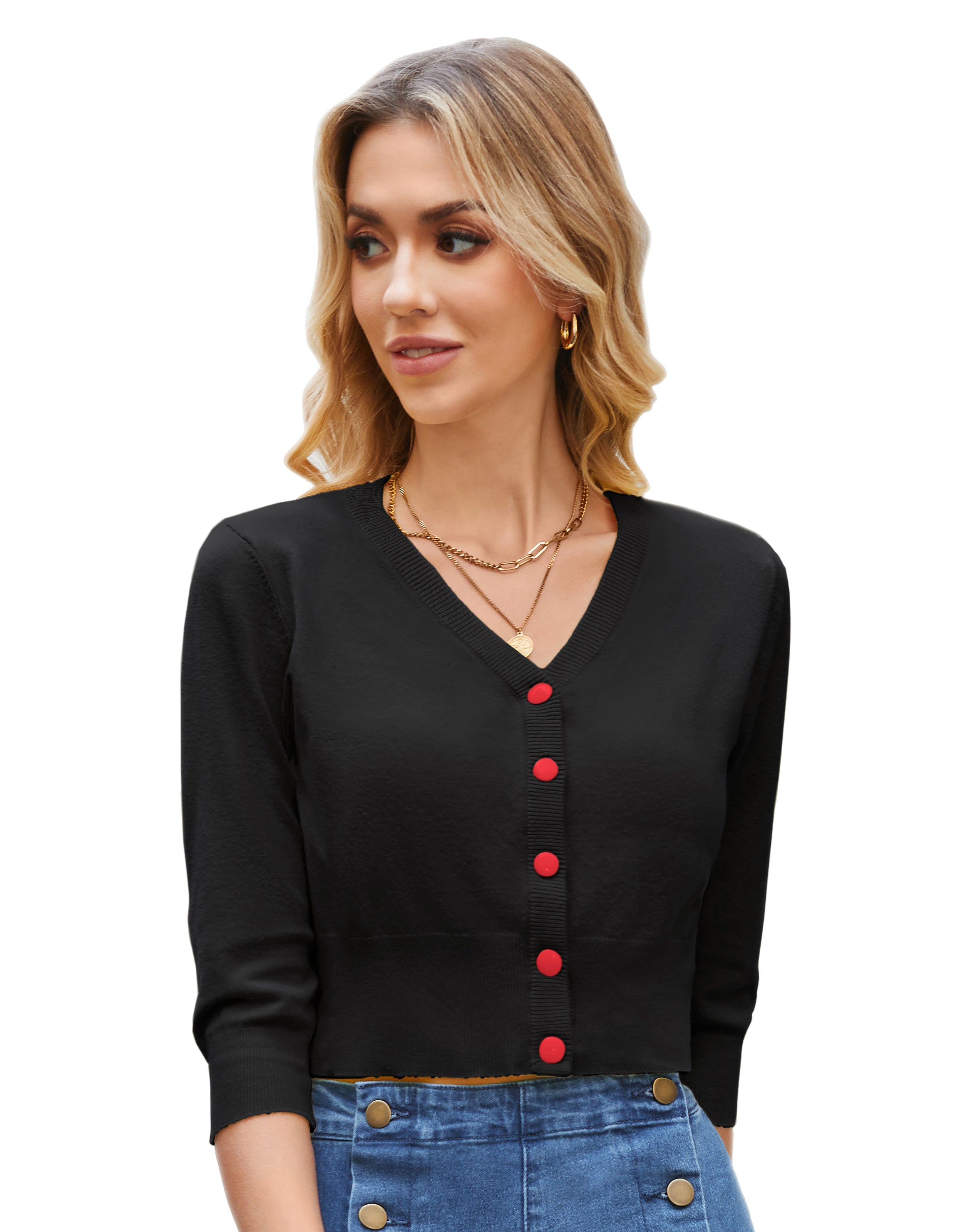 belle poque Women's 3/4 Sleeve Button Down Cherries Embroidery Cropped Cardigan Sweater Coat