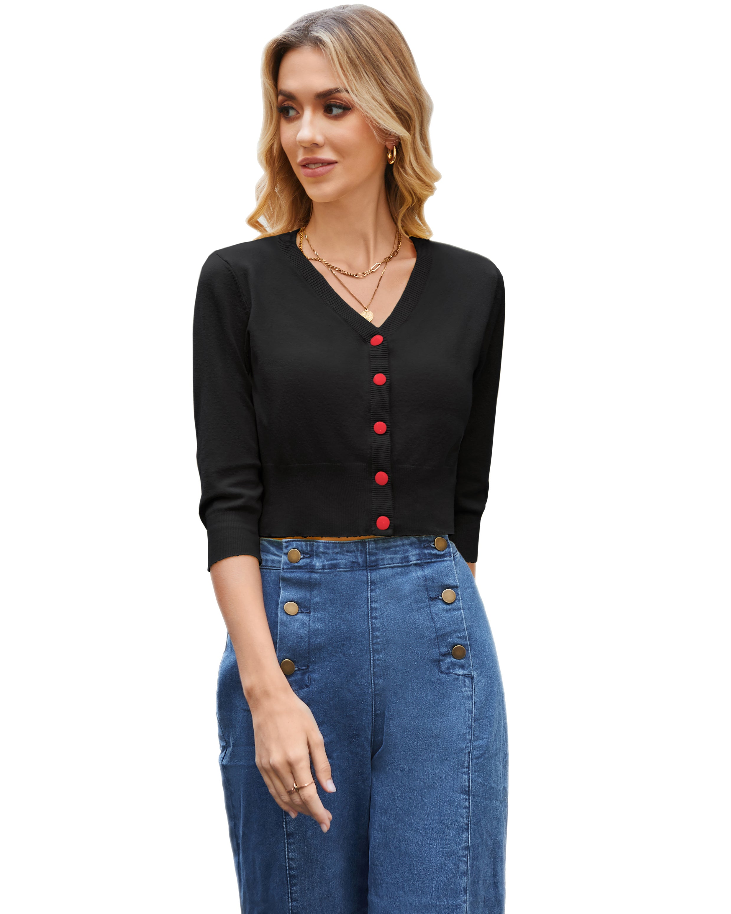 belle poque 3/4 Sleeve V-Neck Button Down Cherries Embroidery Cropped Cardigan Sweater Coat