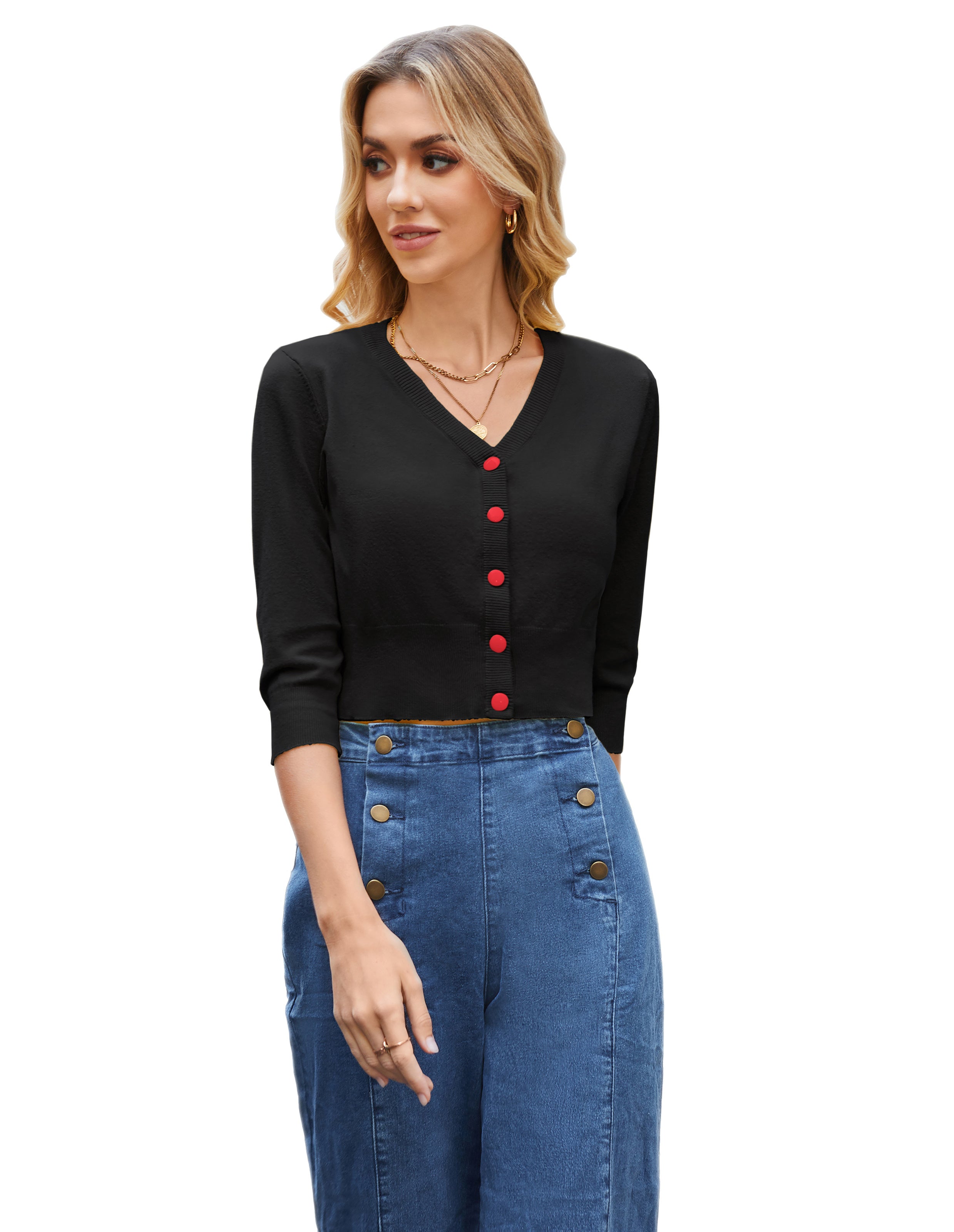 belle poque Women's 3/4 Sleeve Button Down Cherries Embroidery Cropped Cardigan Sweater Coat