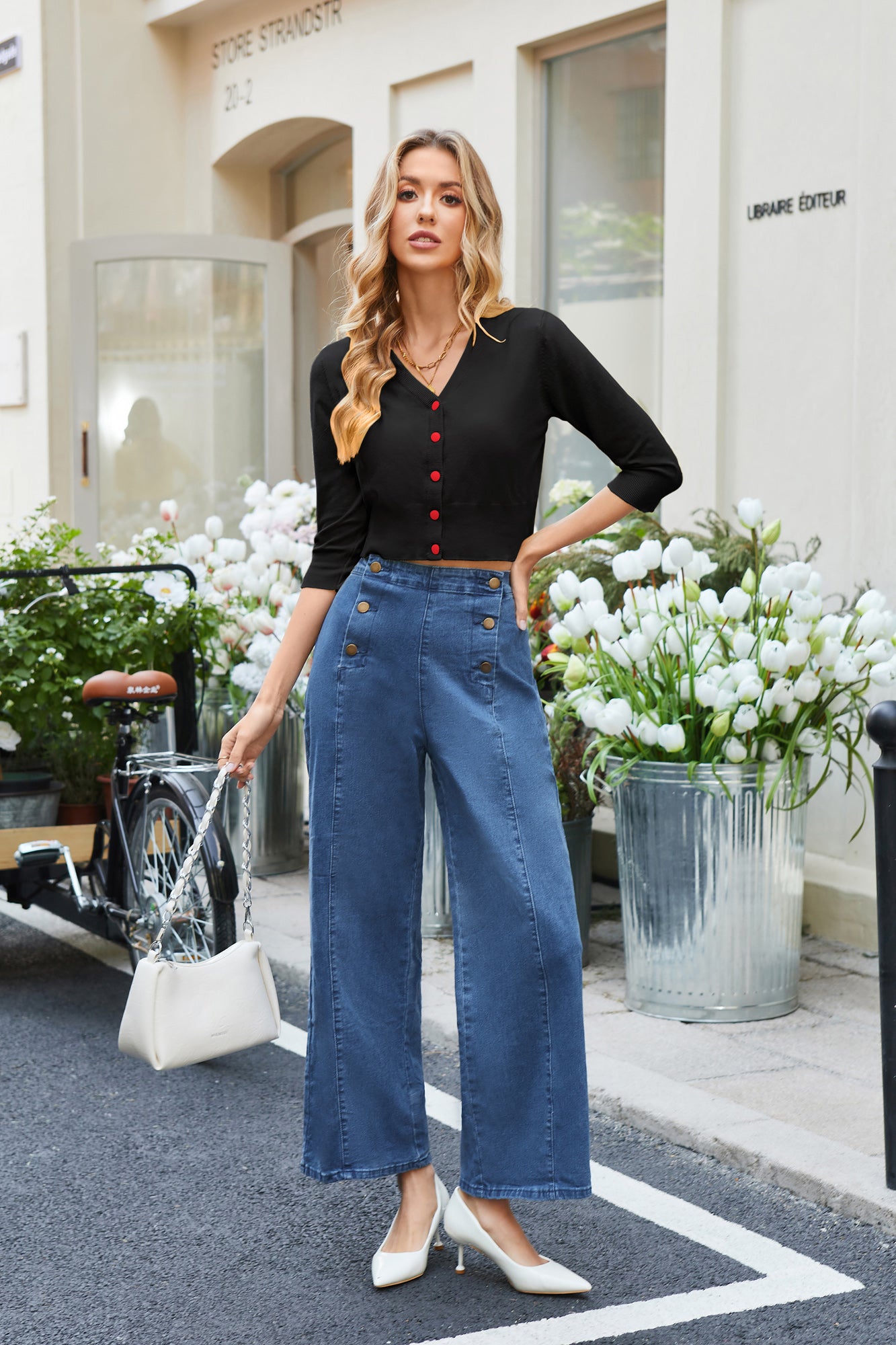 belle poque Women's 3/4 Sleeve Button Down Cherries Embroidery Cropped Cardigan Sweater Coat