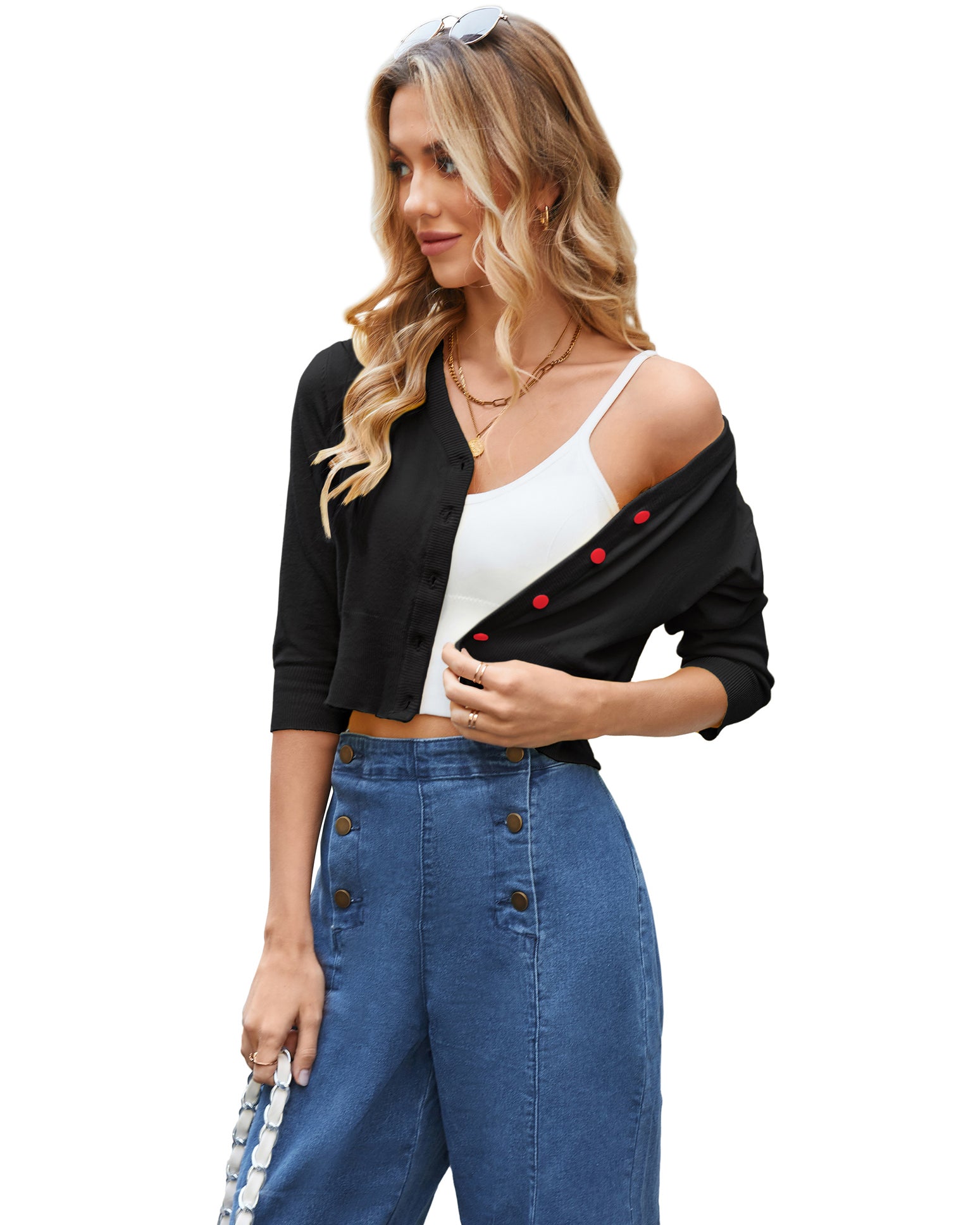 belle poque 3/4 Sleeve V-Neck Button Down Cherries Embroidery Cropped Cardigan Sweater Coat