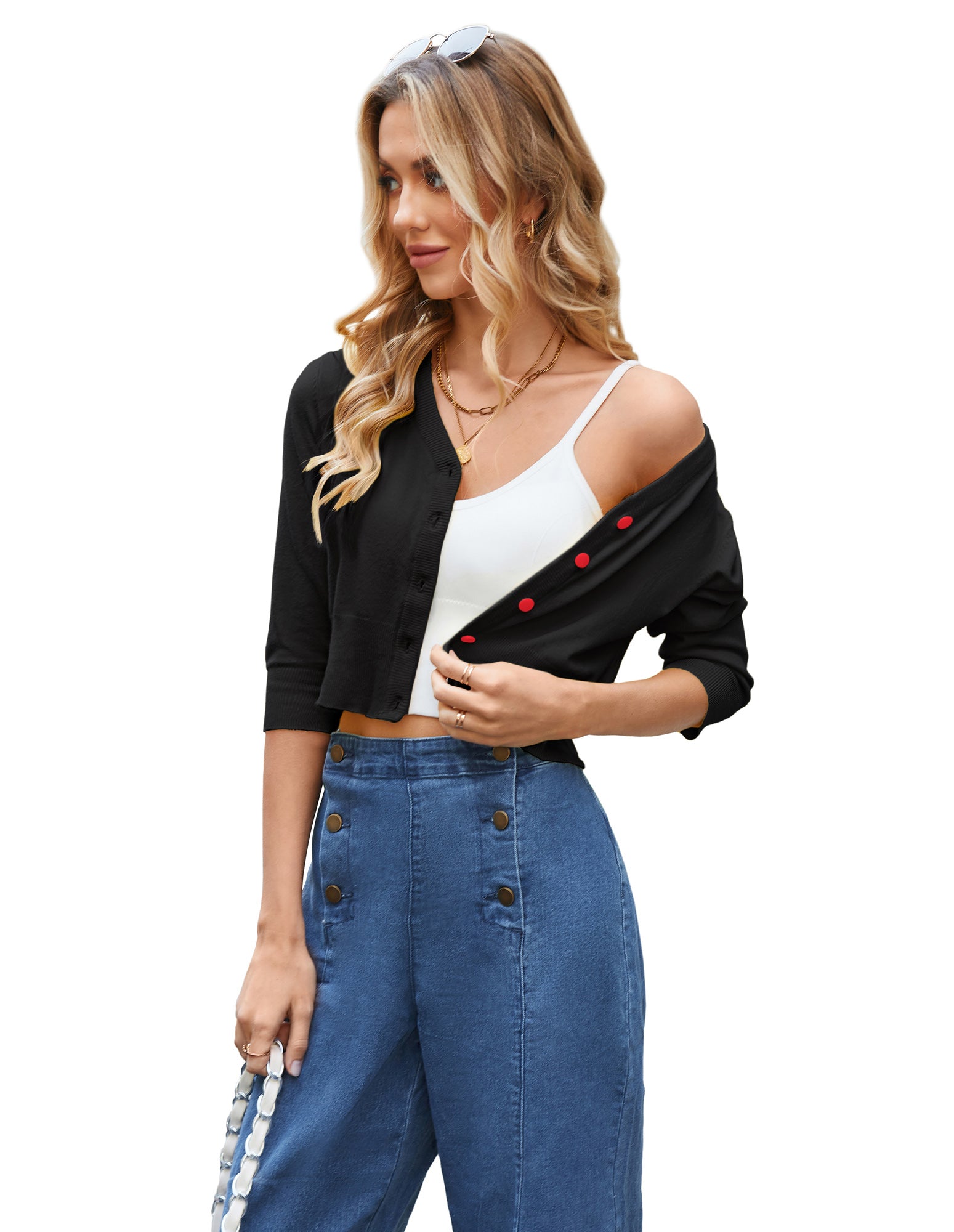 belle poque Women's 3/4 Sleeve Button Down Cherries Embroidery Cropped Cardigan Sweater Coat