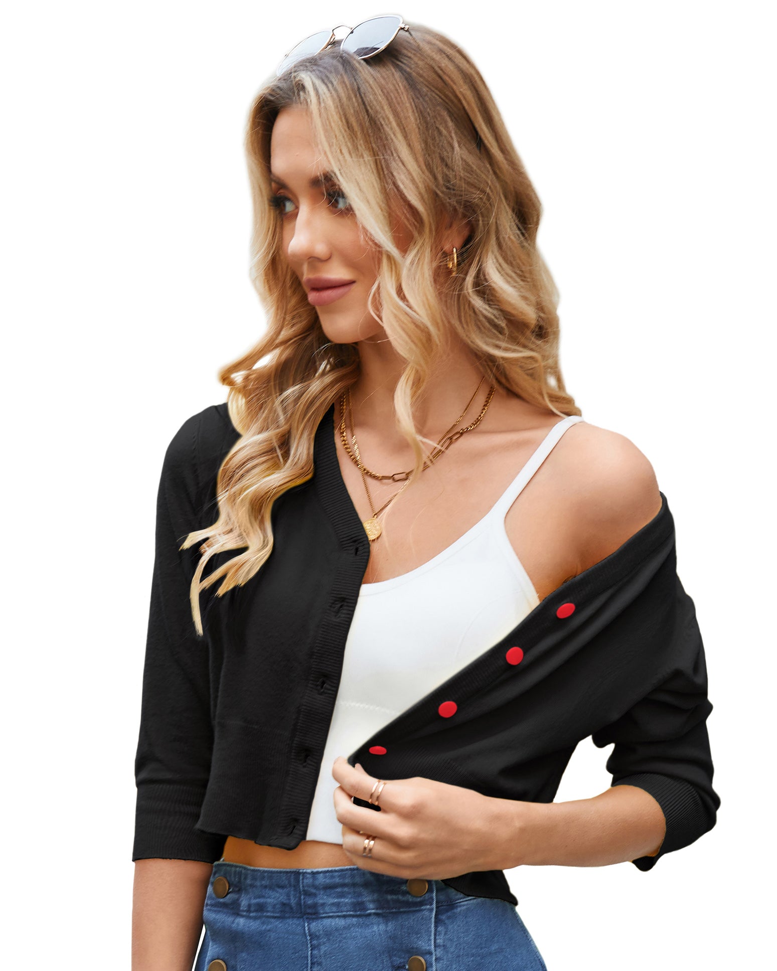 belle poque 3/4 Sleeve V-Neck Button Down Cherries Embroidery Cropped Cardigan Sweater Coat