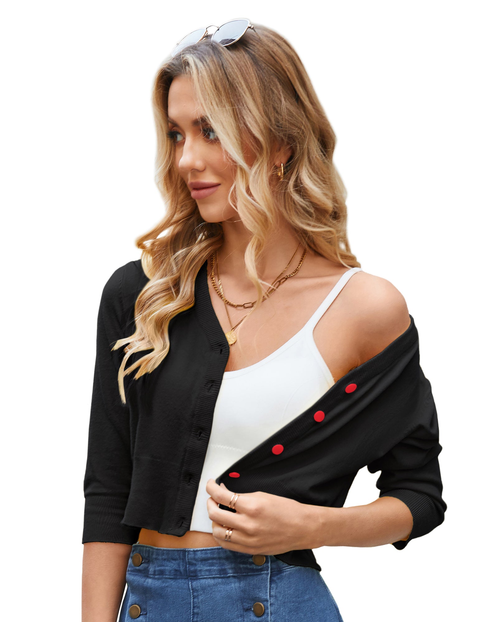 belle poque Women's 3/4 Sleeve Button Down Cherries Embroidery Cropped Cardigan Sweater Coat