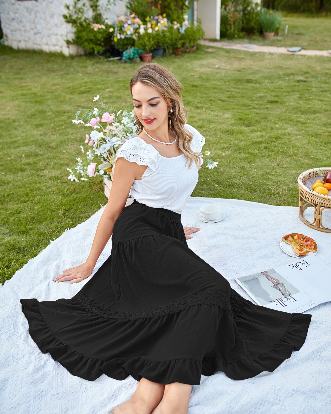 belle poque Women's Midi Skirt Boho Flowy Aline Ruffle Lace Tiered Skirt with Pockets 2025