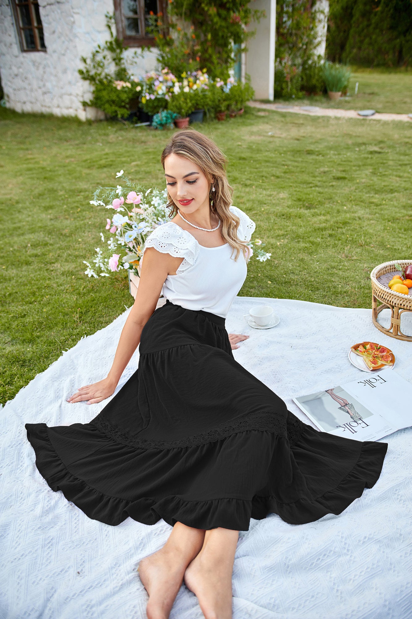 belle poque Women Vintage Tiered Swing Skirt Elastic Waist Ruffled Hem Mid-Calf Skirt