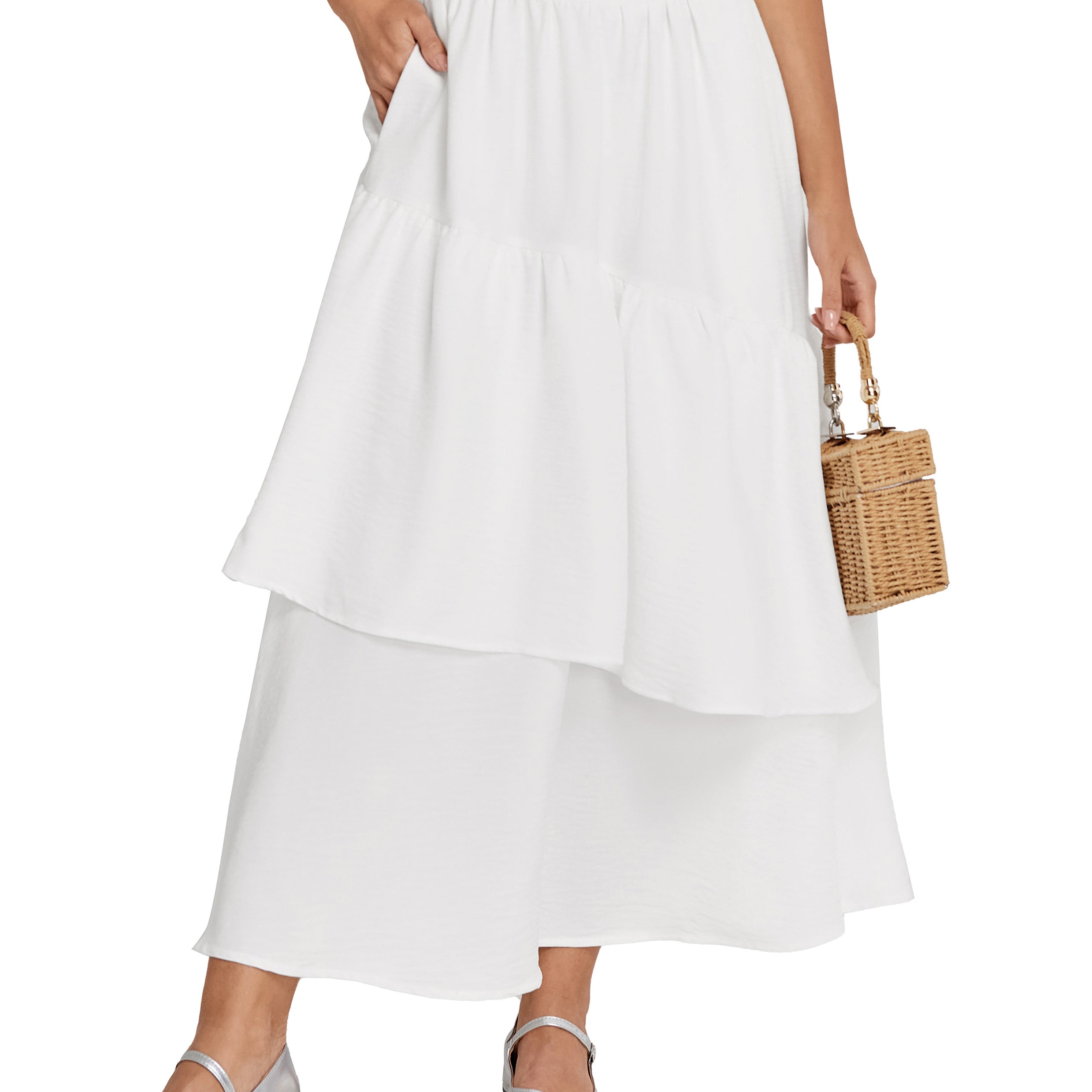 belle poque BP Women Vintage 2-Layer Swing Skirt Elastic High Waist Maxi Skirt apricot