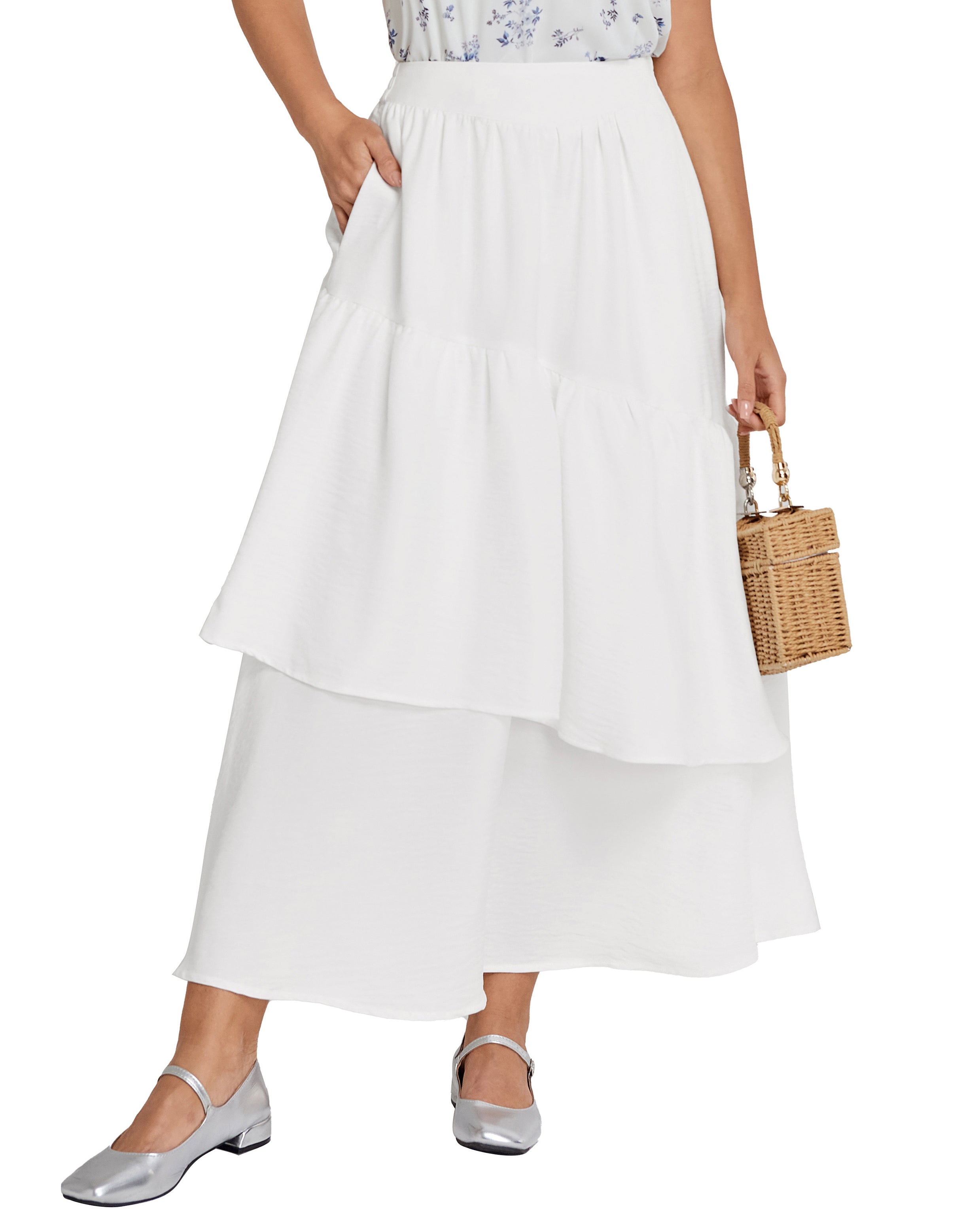 belle poque BP Women Vintage 2-Layer Swing Skirt Elastic High Waist Maxi Skirt apricot